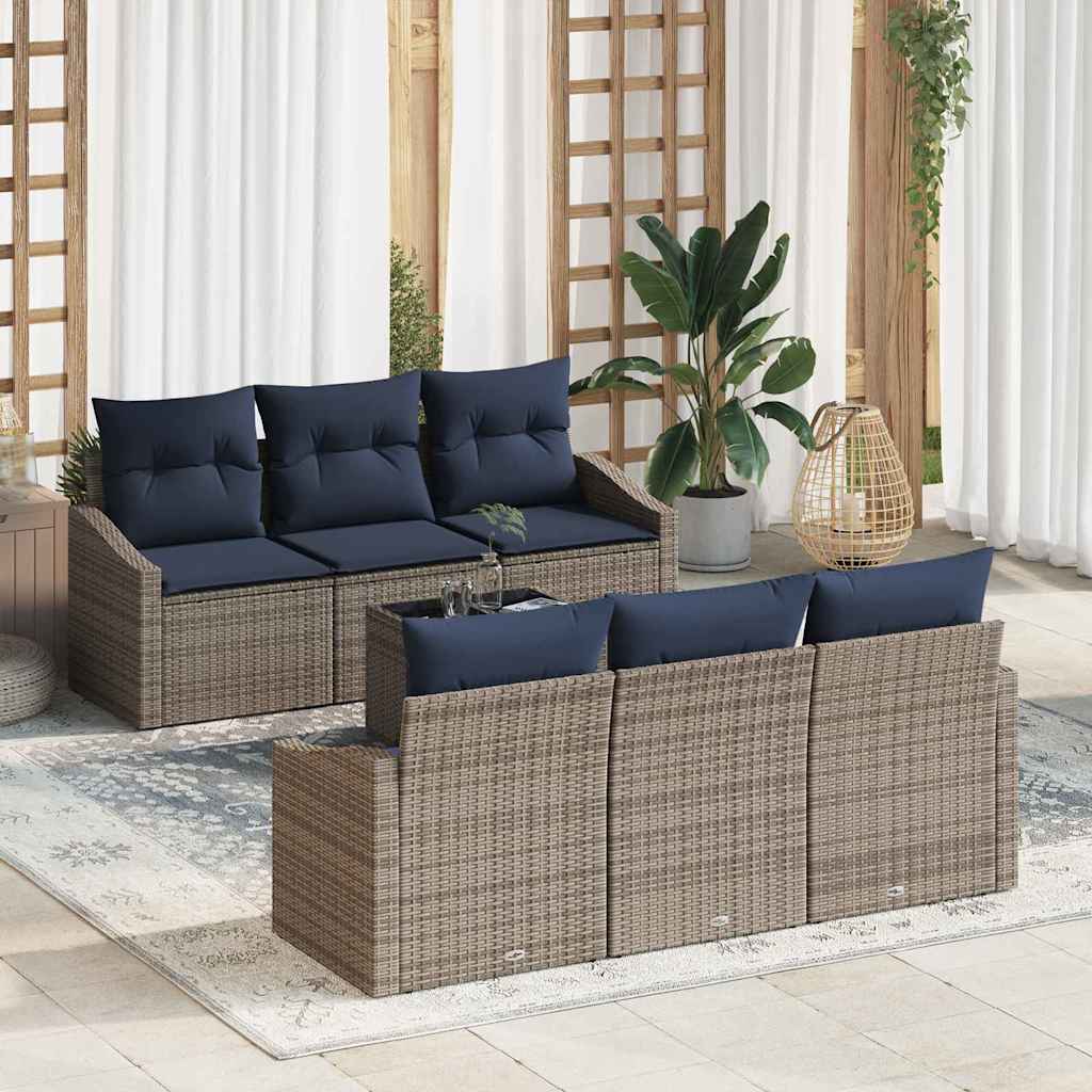 vidaXL Bankstel met kussen 7 pcs Grijs en Marineblauw poly rattan