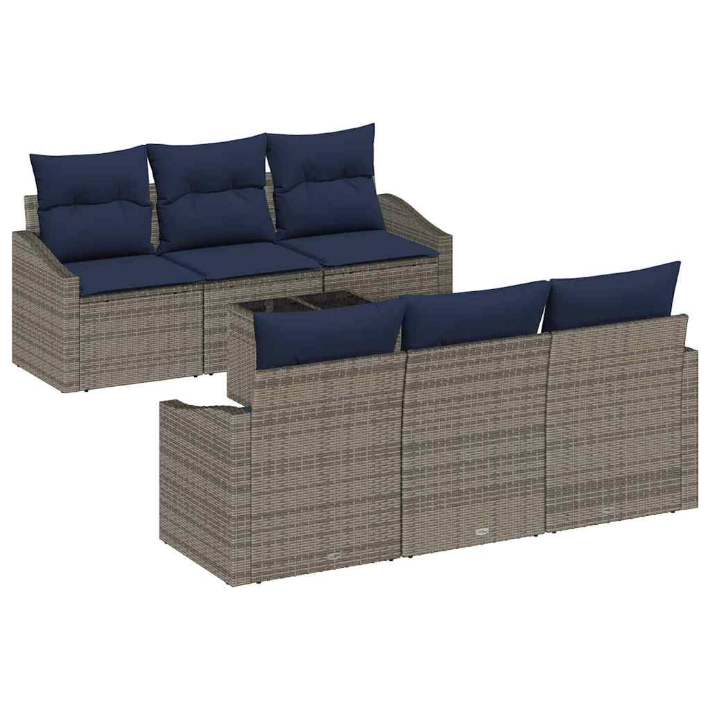 vidaXL Bankstel met kussen 7 pcs Grijs en Marineblauw poly rattan