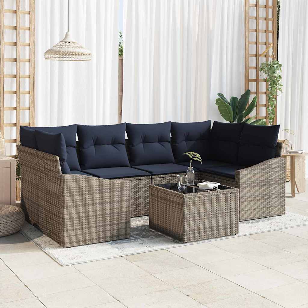 vidaXL Bankstel met kussen 7 pcs Grijs en Marineblauw poly rattan
