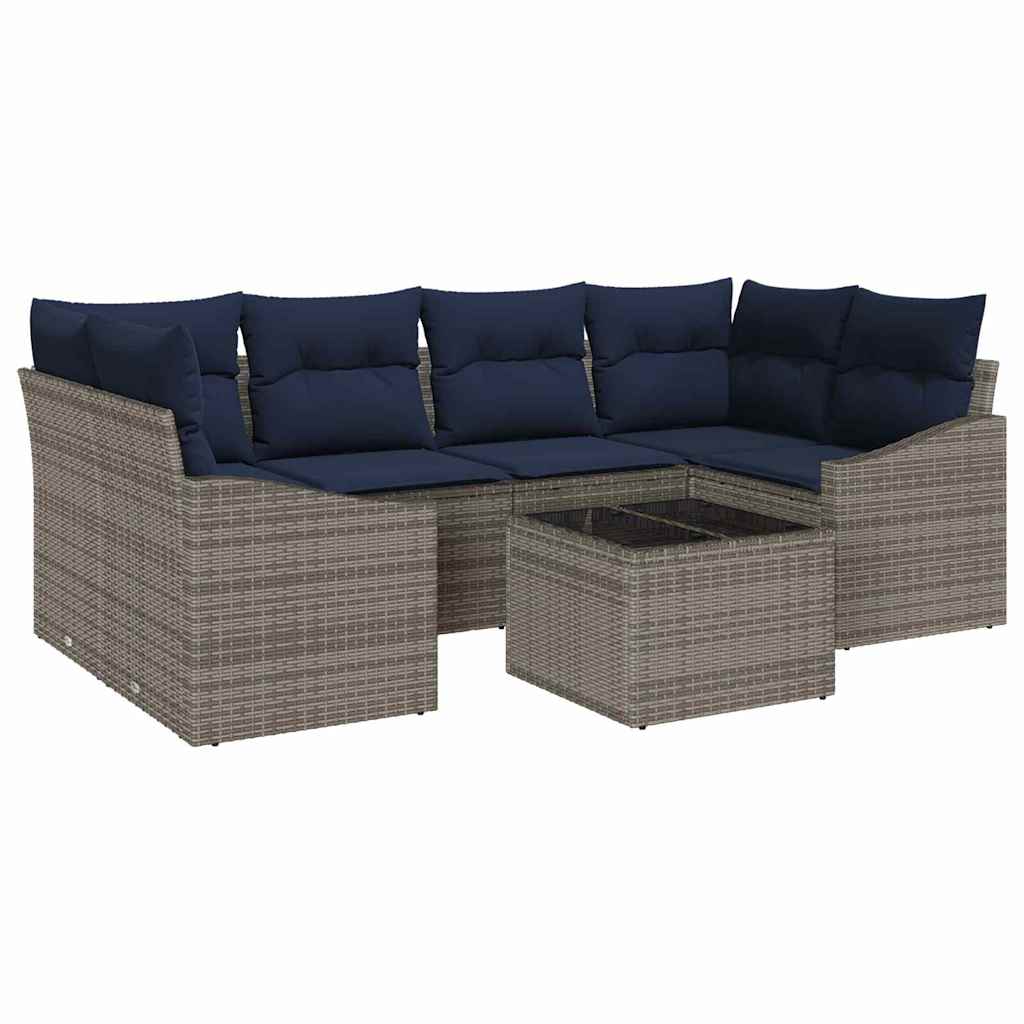 vidaXL Bankstel met kussen 7 pcs Grijs en Marineblauw poly rattan