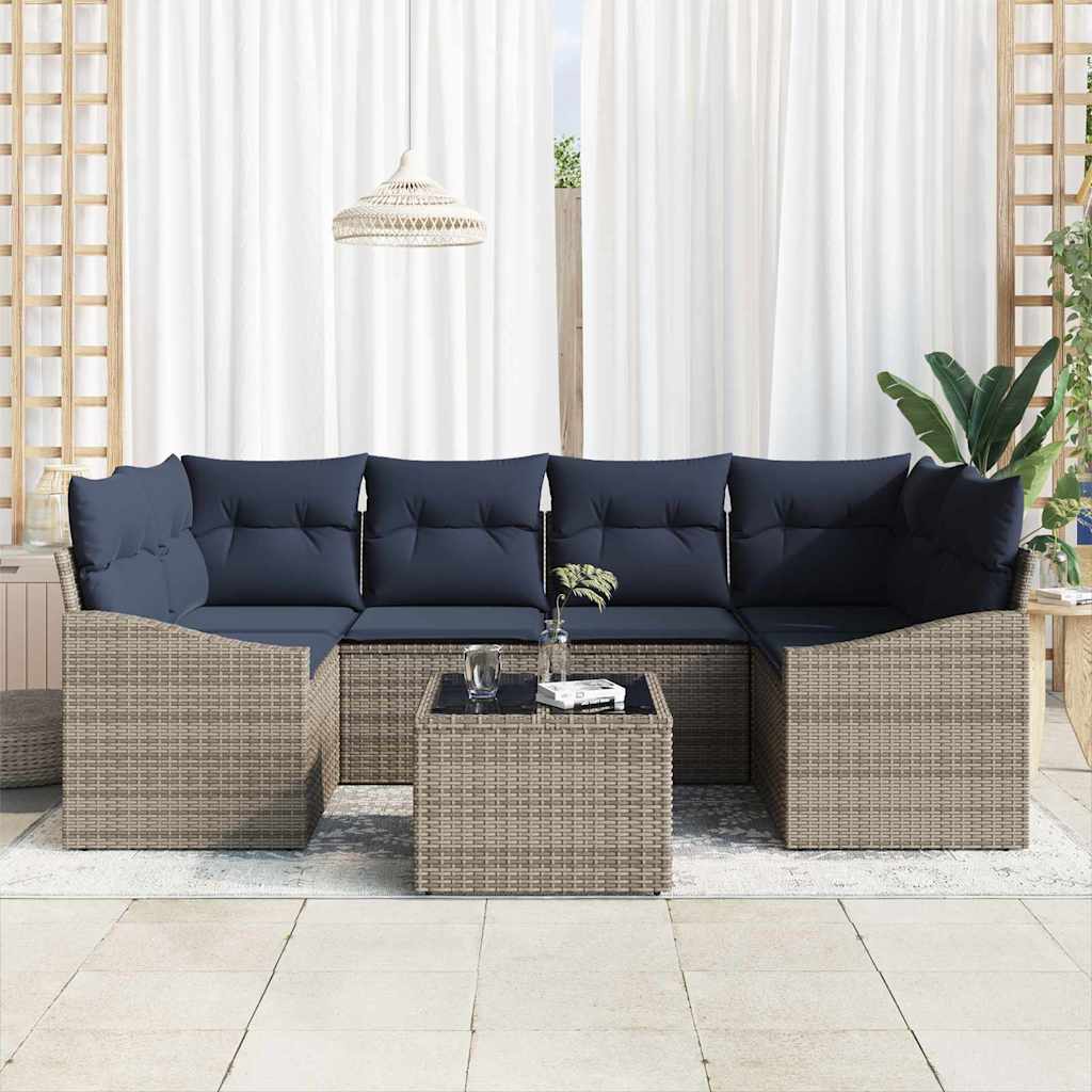 vidaXL Bankstel met kussen 7 pcs Grijs en Marineblauw poly rattan