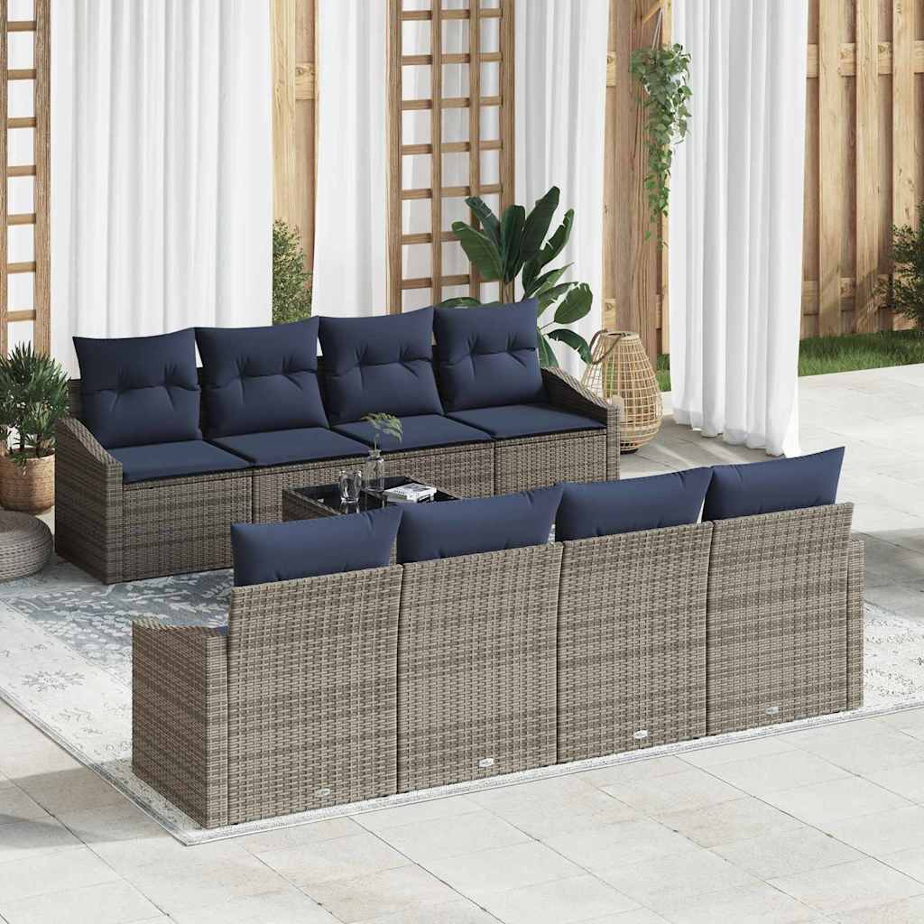 vidaXL Bankstel met kussen 9 pcs Grijs en Marineblauw poly rattan