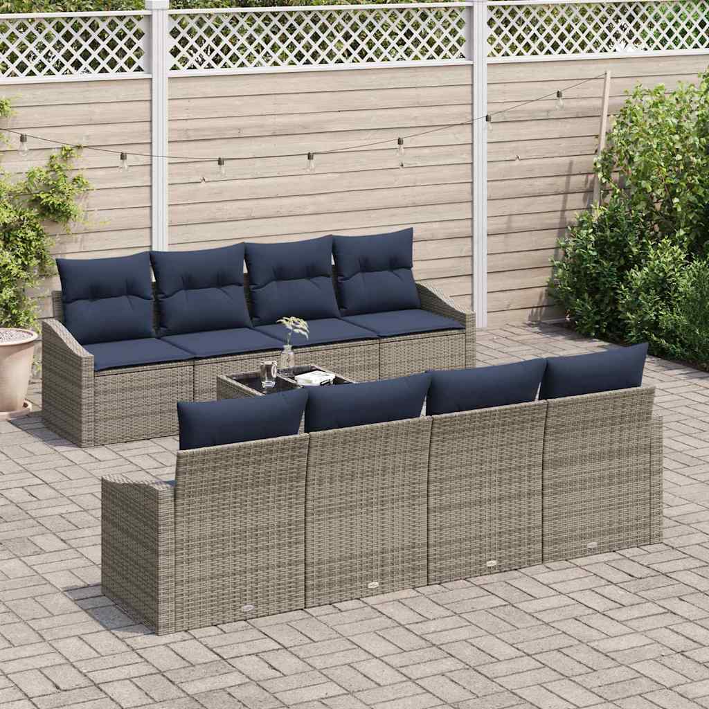 vidaXL Bankstel met kussen 9 pcs Grijs en Marineblauw poly rattan