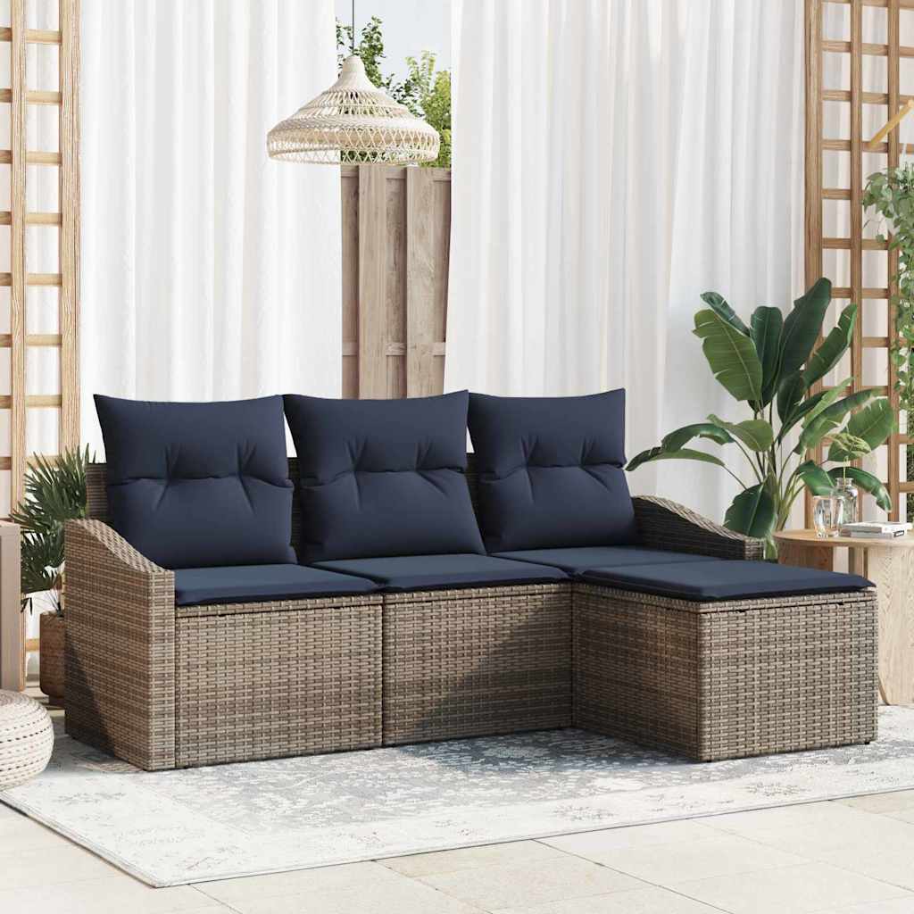 vidaXL Bankstel met kussen 4 pcs Grijs en Marineblauw poly rattan