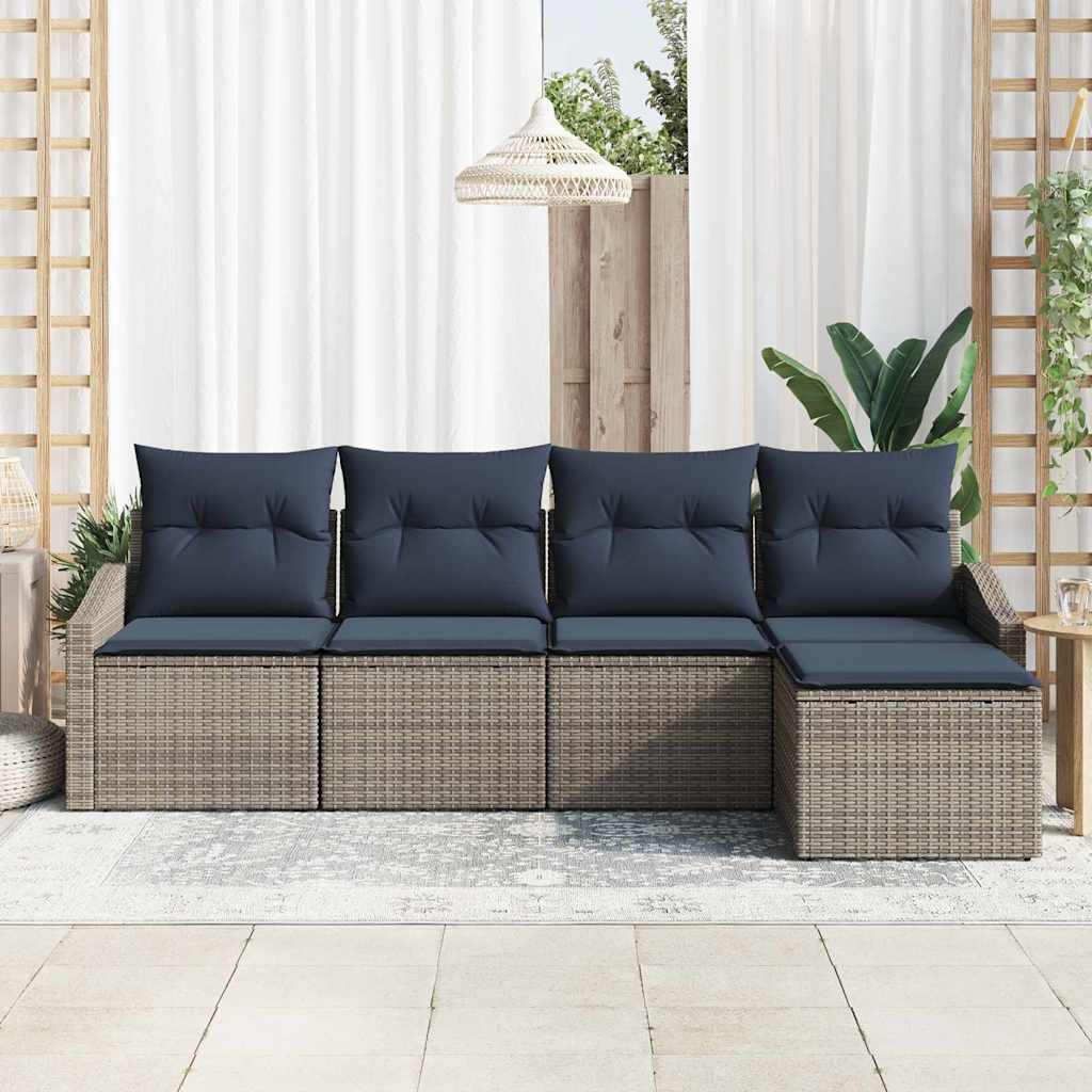vidaXL Bankstel met kussen 5 pcs Grijs en Marineblauw poly rattan