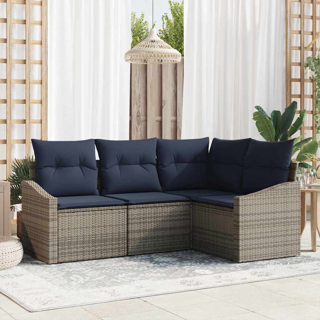 vidaXL Tuinbankenset met kussen 4 pcs Grijs en Marineblauw poly rattan