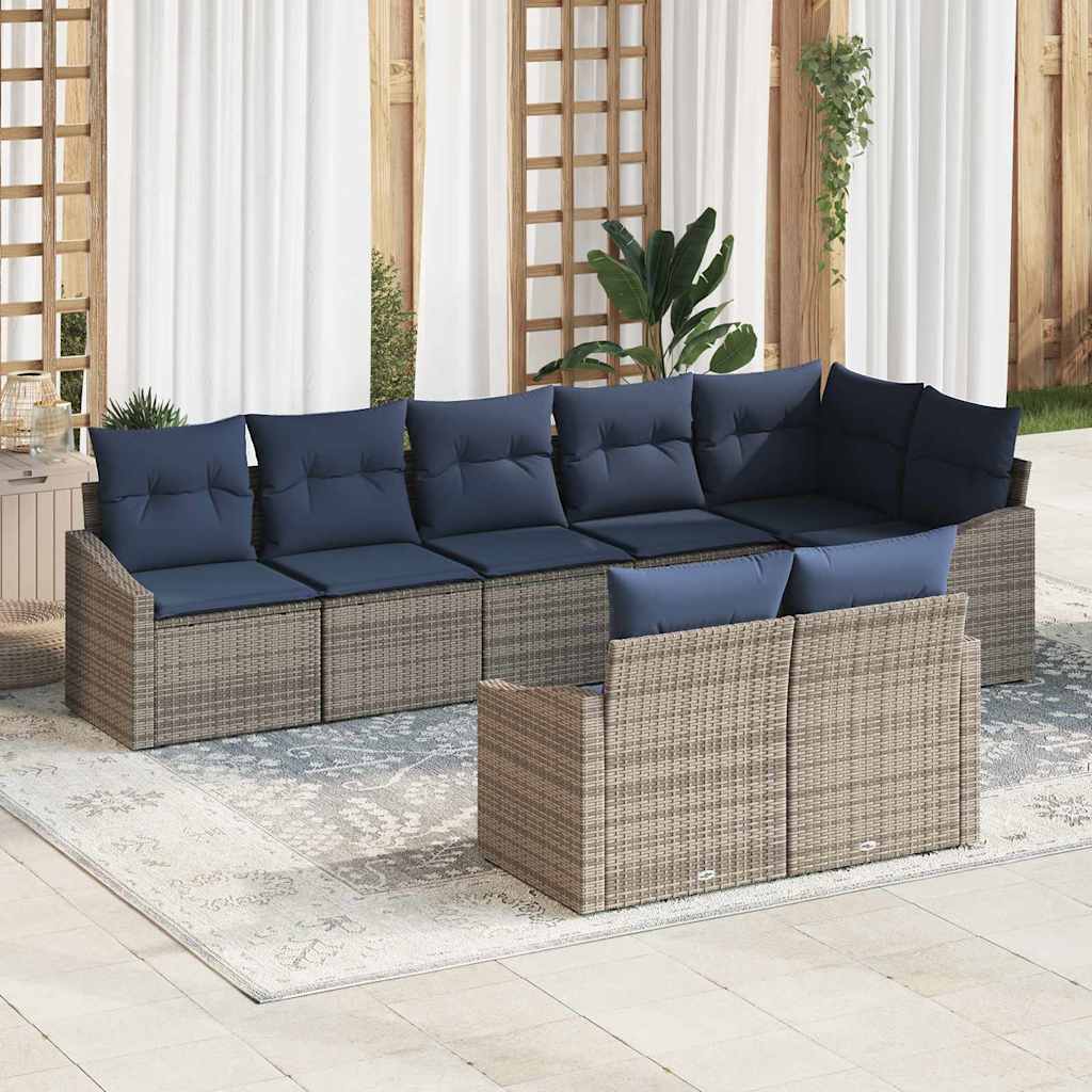 vidaXL Tuinbankenset met kussen 8 pcs Grijs en Marineblauw poly rattan