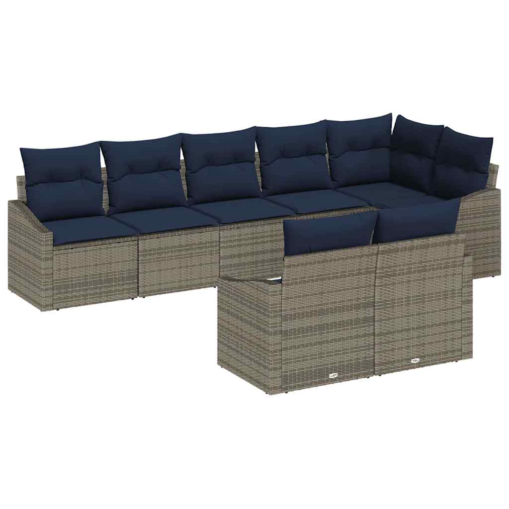 vidaXL Tuinbankenset met kussen 8 pcs Grijs en Marineblauw poly rattan