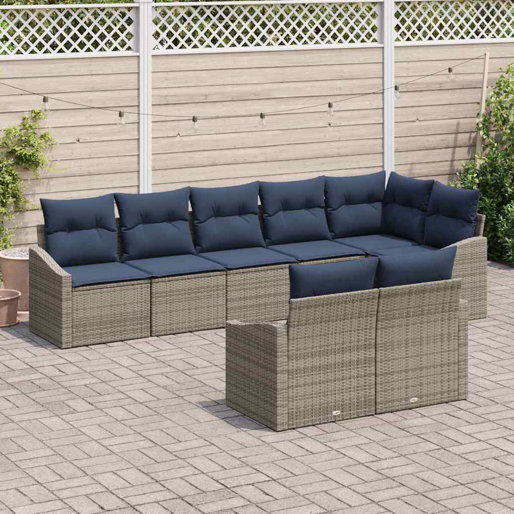 vidaXL Tuinbankenset met kussen 8 pcs Grijs en Marineblauw poly rattan