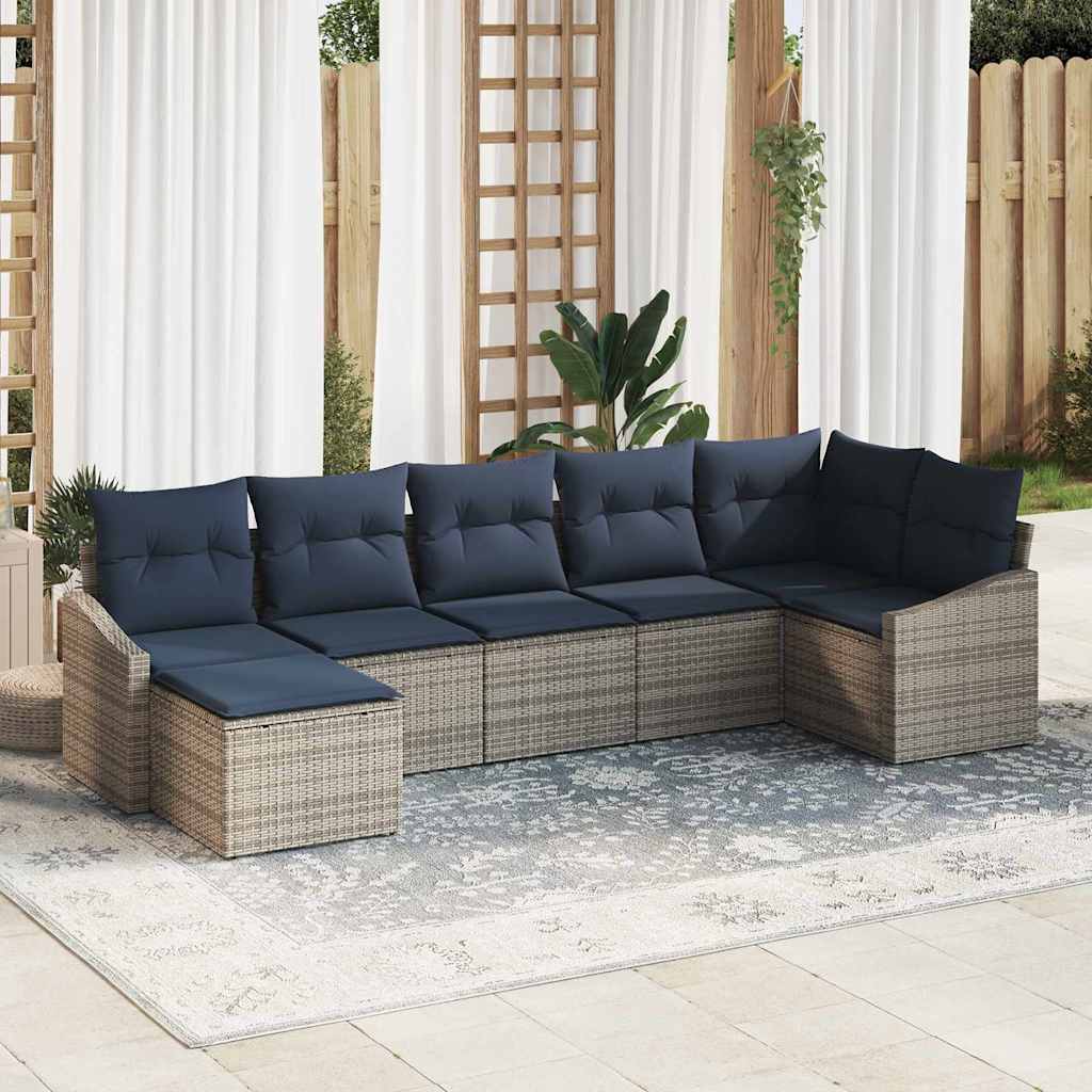 vidaXL Tuin Sofa Set met kussen 7 pcs Grijs en Marineblauw poly rattan