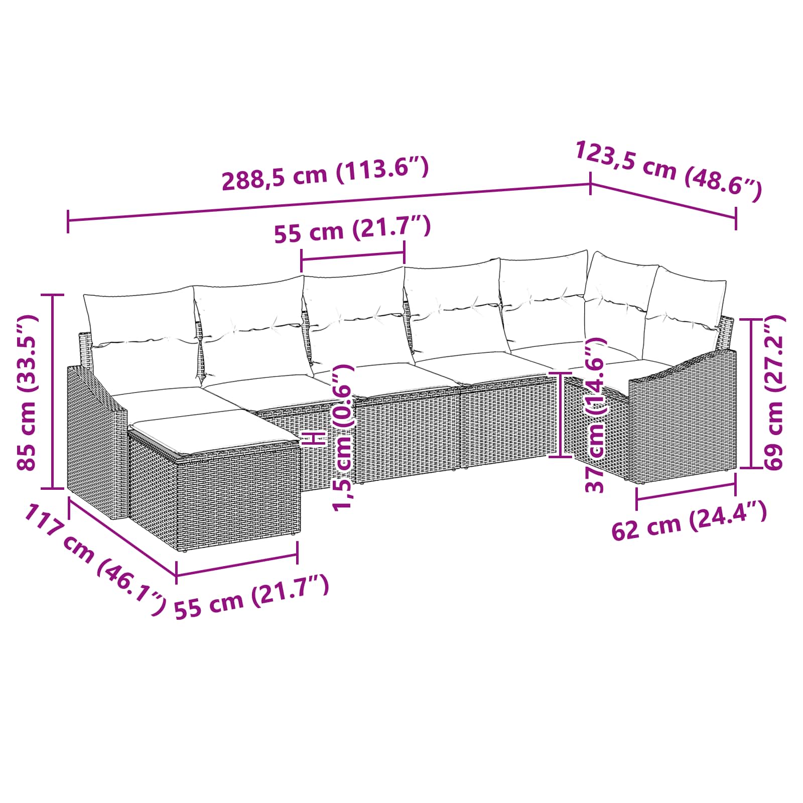 vidaXL Tuin Sofa Set met kussen 7 pcs Grijs en Marineblauw poly rattan