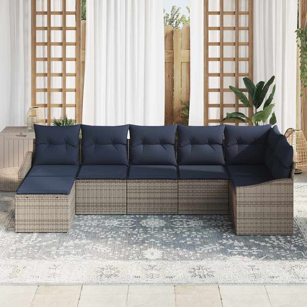 vidaXL Tuin Sofa Set met kussen 7 pcs Grijs en Marineblauw poly rattan