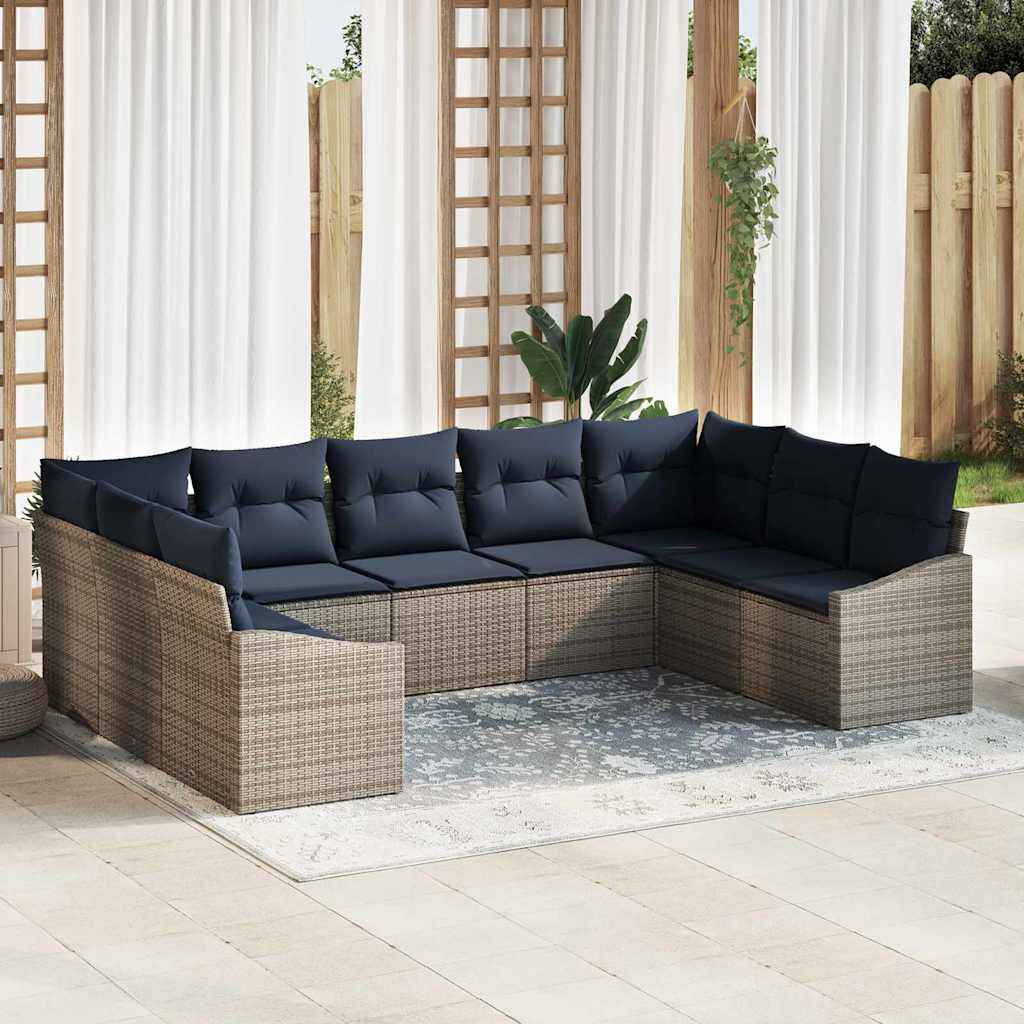 vidaXL Tuinbankenset met opslag 9 pcs Grijs en Marineblauw poly rattan
