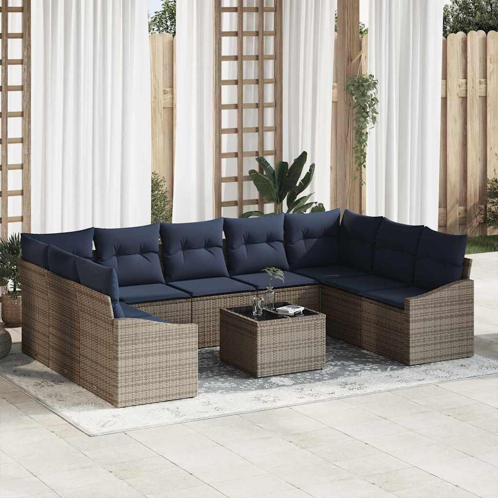 vidaXL Tuinbankenset met opslag 9 pcs Grijs en Marineblauw poly rattan