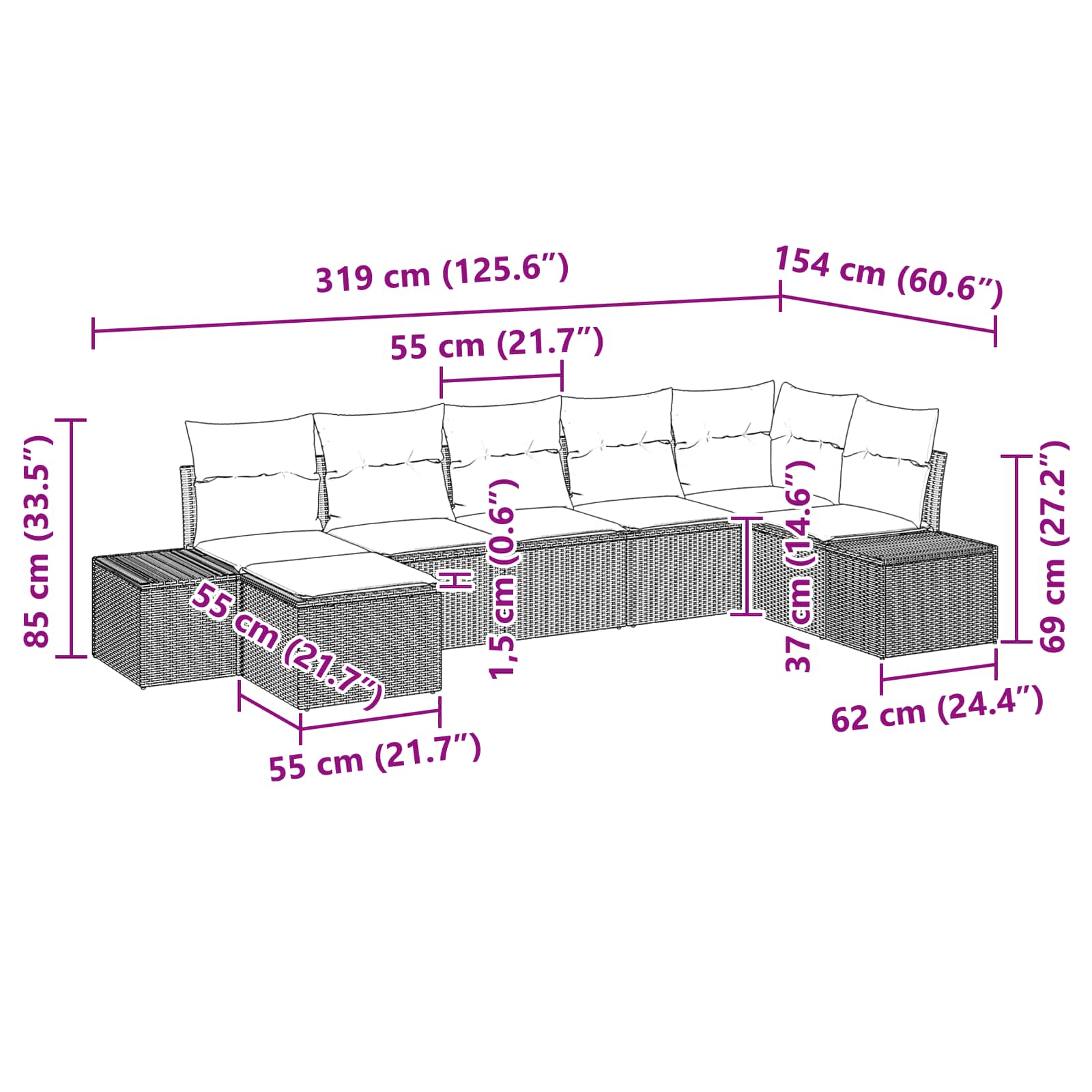 vidaXL Tuin Sofa Set 7 st Bruin en Rood poly rattan