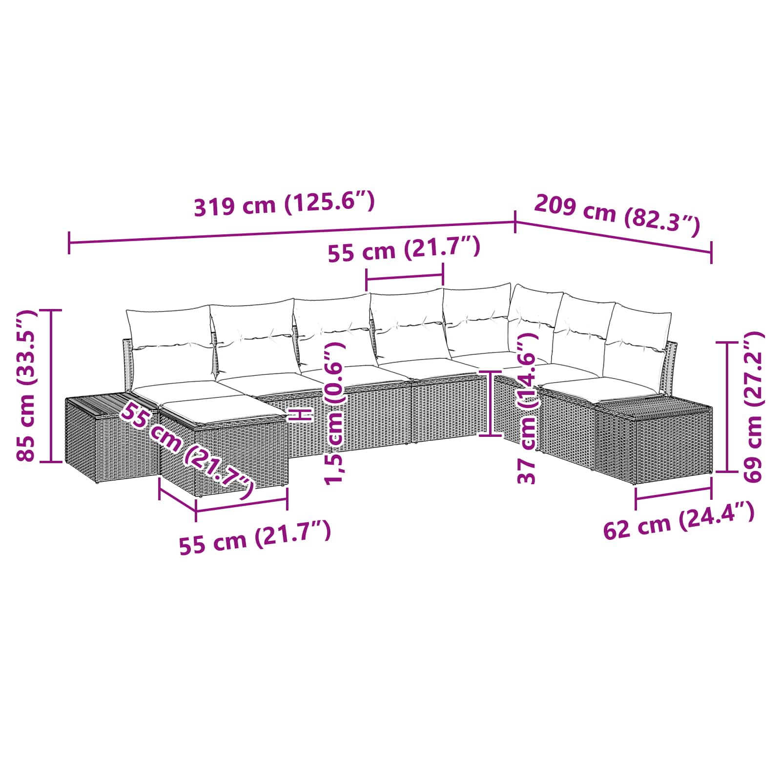 vidaXL Tuin Sofa Set 8 st Bruin en Rood poly rattan