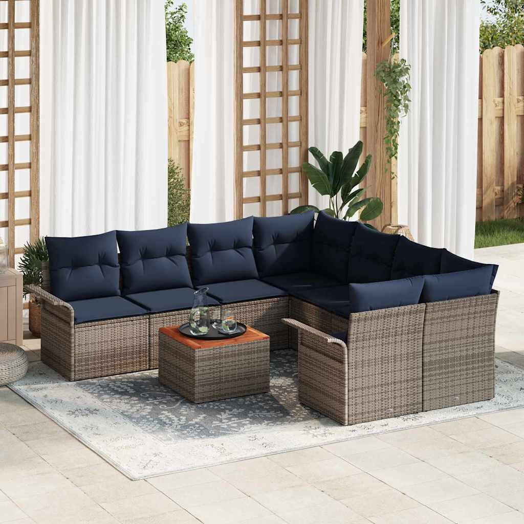 vidaXL Tuinbankenset met opslag 9 pcs Grijs en Marineblauw poly rattan