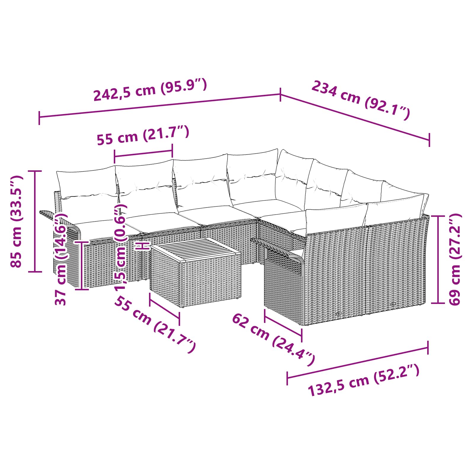 vidaXL Tuinbankenset met opslag 9 pcs Grijs en Marineblauw poly rattan