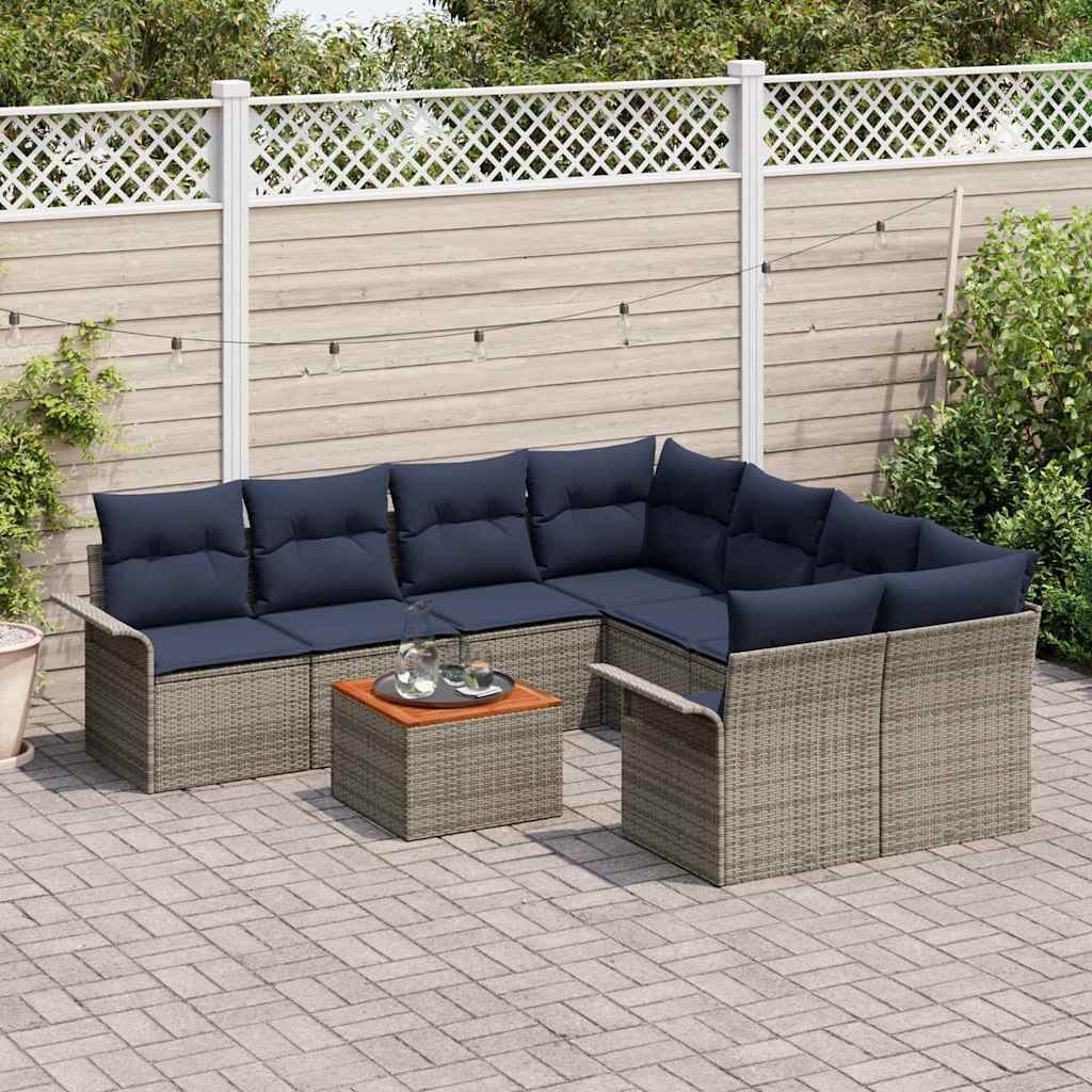 vidaXL Tuinbankenset met opslag 9 pcs Grijs en Marineblauw poly rattan
