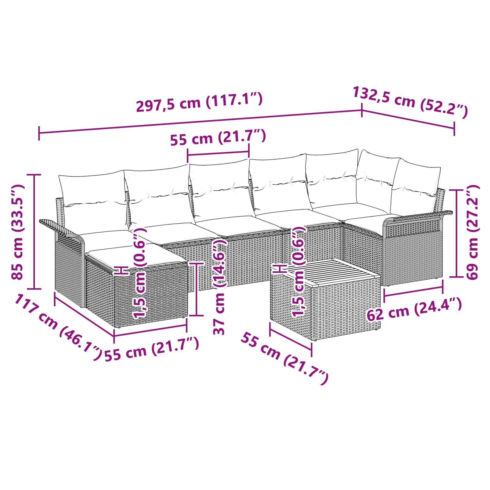vidaXL Tuinbankenset met opslag 8 pcs Grijs en Marineblauw poly rattan
