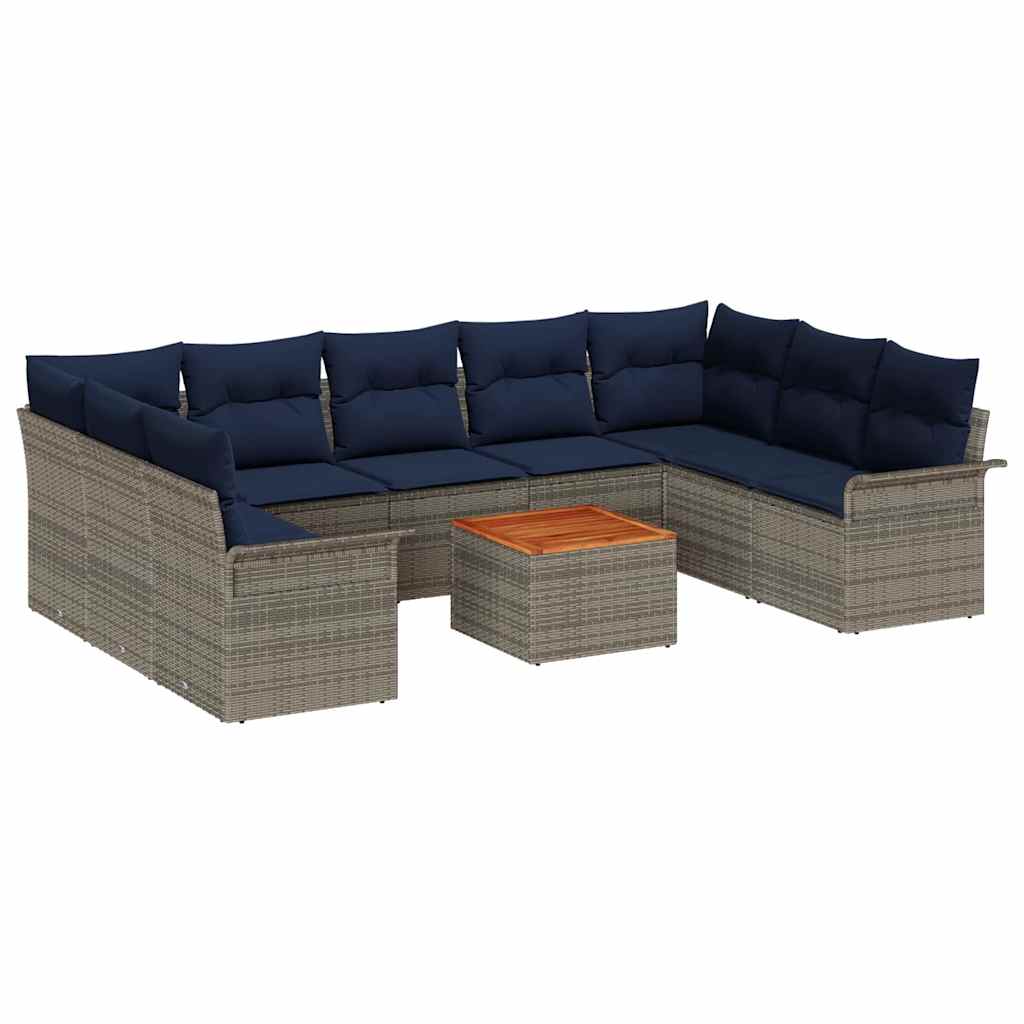 vidaXL Tuinbankenset 10 pcs Grijs en Marineblauw poly rattan
