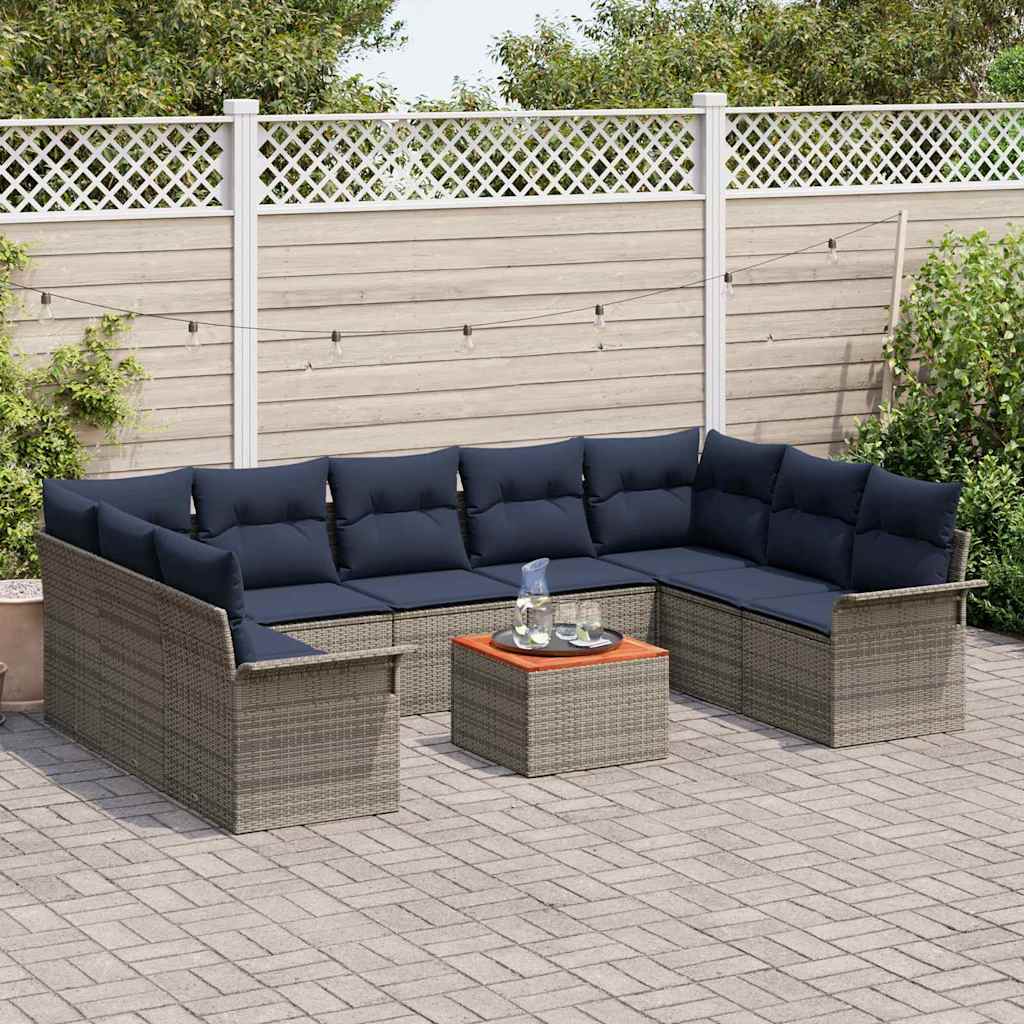 vidaXL Tuinbankenset 10 pcs Grijs en Marineblauw poly rattan