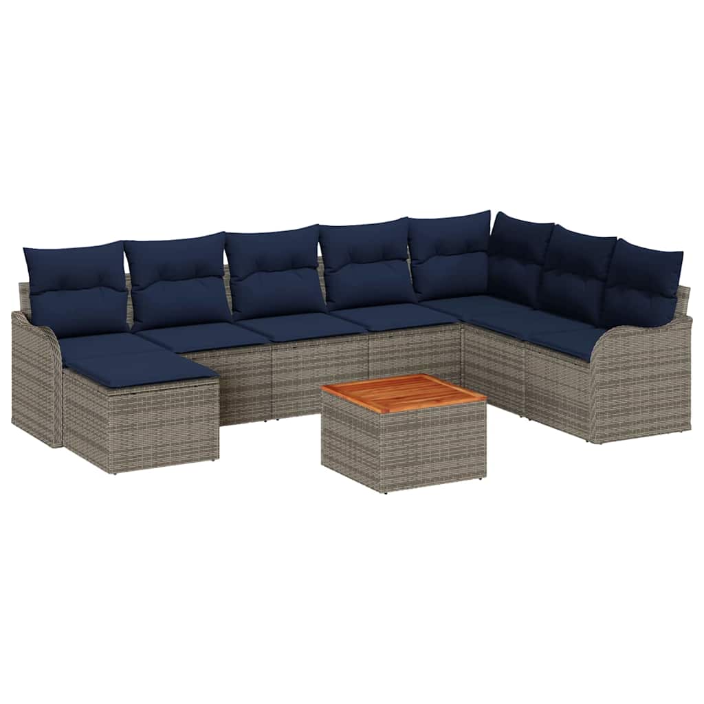vidaXL Tuinbankenset 9 st Grijs en Marineblauw poly rattan