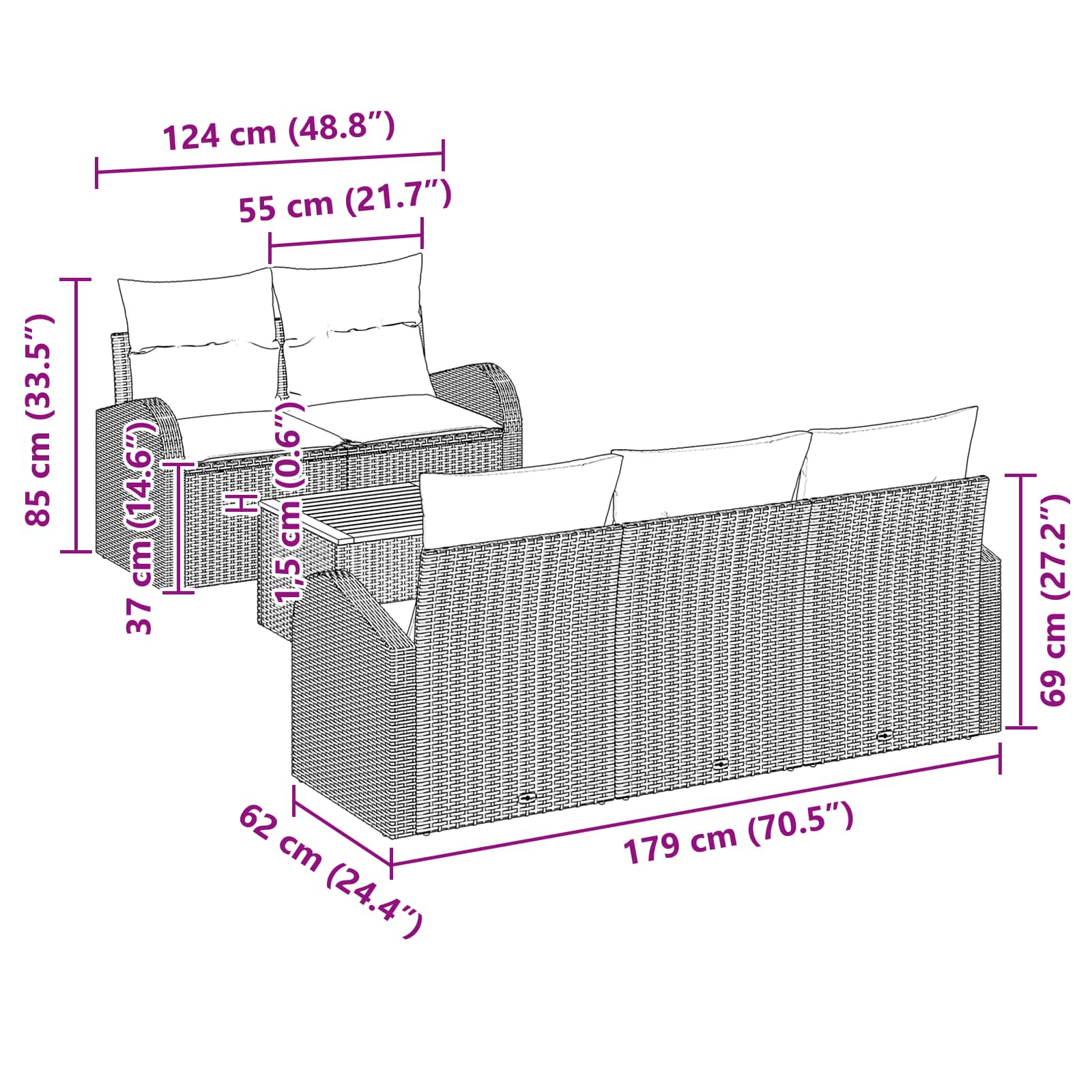 vidaXL Tuinbankenset met opslag 6 pcs Zwart en Turquoise poly rattan