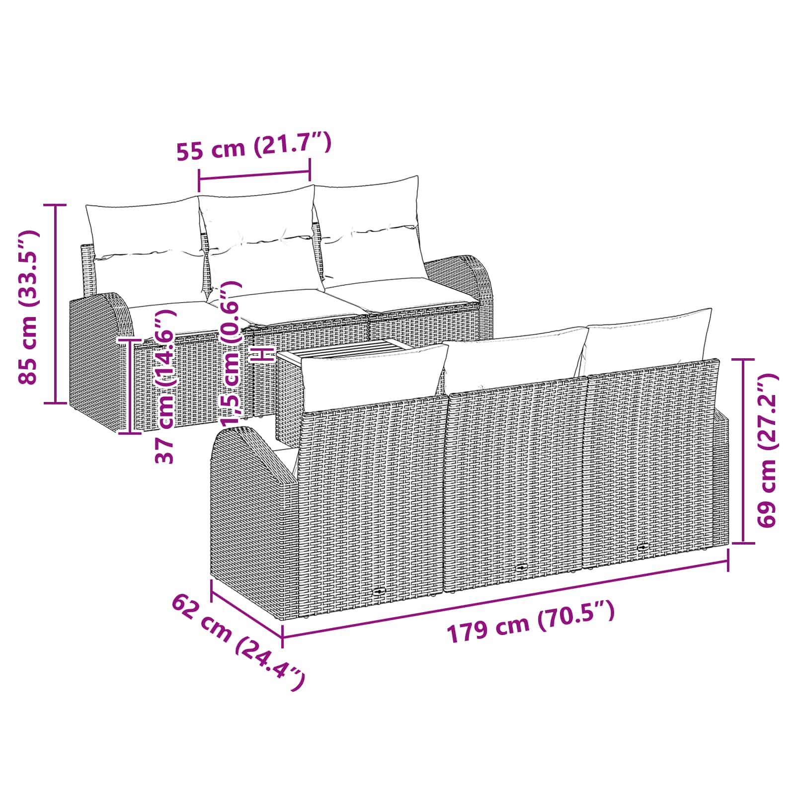 vidaXL Tuinbankenset met opslag 7 pcs Zwart en Turquoise poly rattan