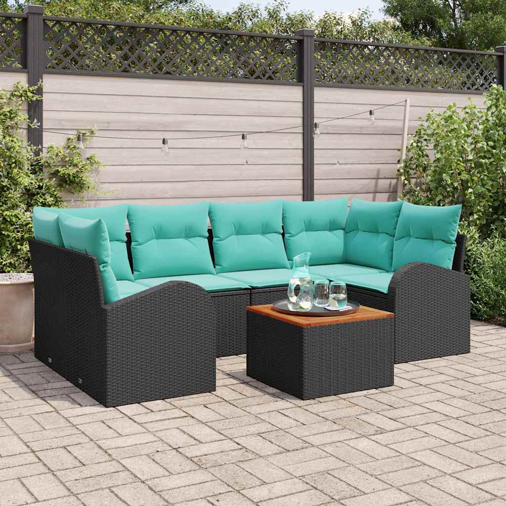 vidaXL Tuinbankenset met opslag 7 pcs Zwart en Turquoise poly rattan