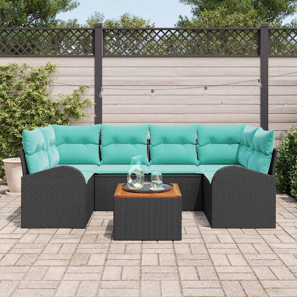 vidaXL Tuinbankenset met opslag 7 pcs Zwart en Turquoise poly rattan