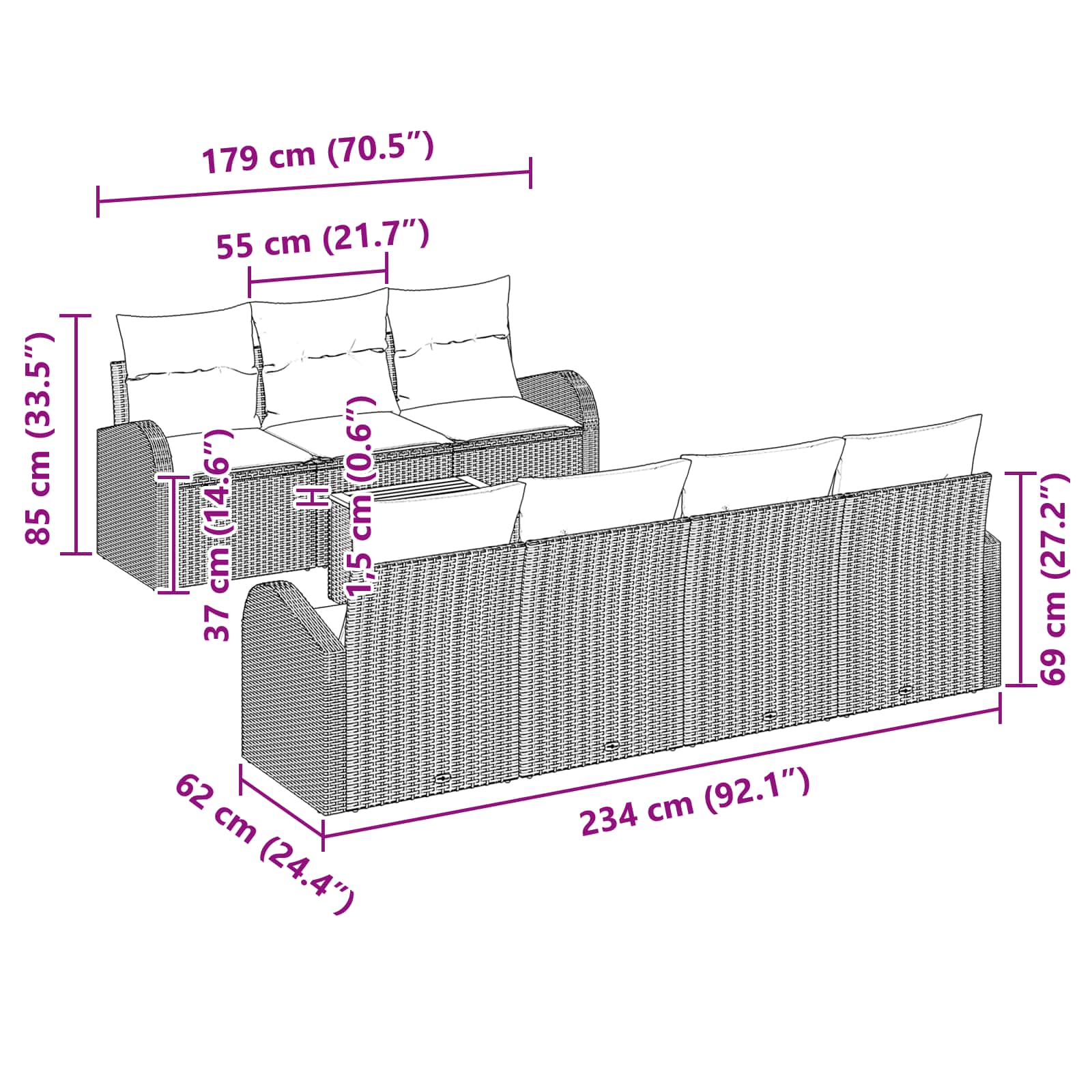 vidaXL Tuinbankenset met opslag 8 pcs Zwart en Turquoise poly rattan