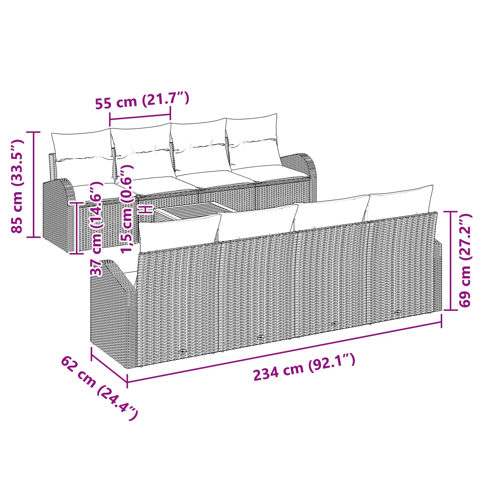 vidaXL Tuinbankenset met opslag 9 pcs Zwart en Turquoise poly rattan