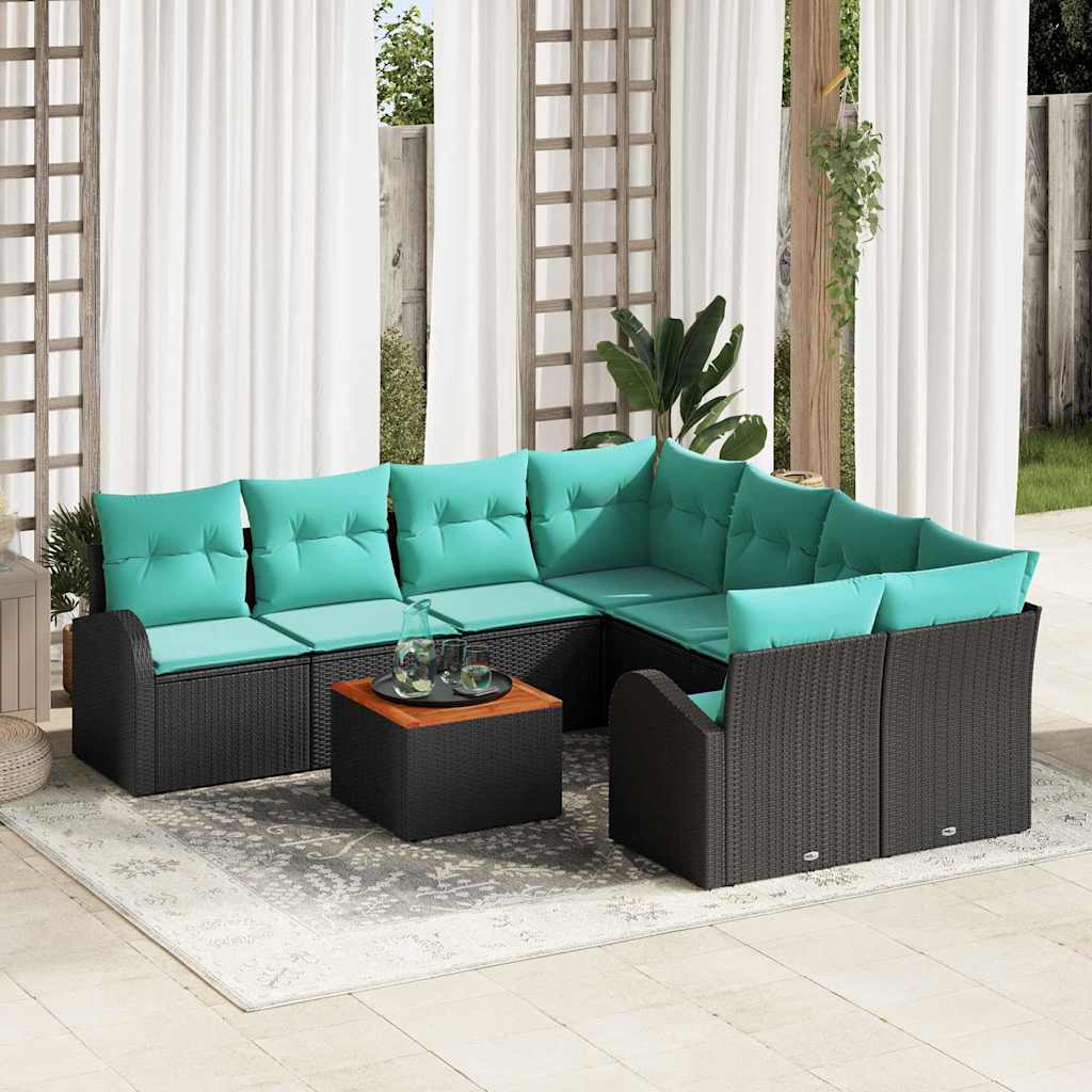 vidaXL Tuinbankenset met opslag 9 pcs Zwart en Turquoise poly rattan