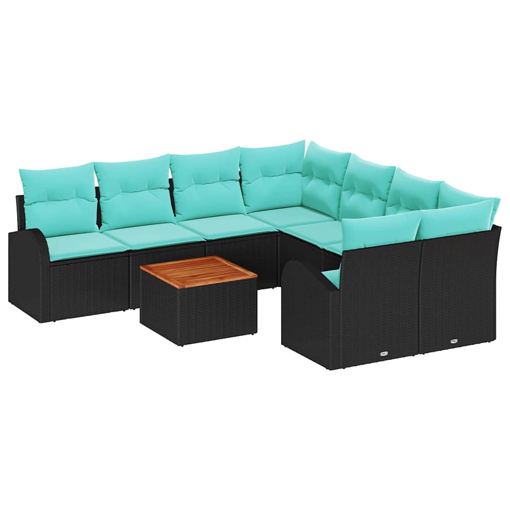 vidaXL Tuinbankenset met opslag 9 pcs Zwart en Turquoise poly rattan