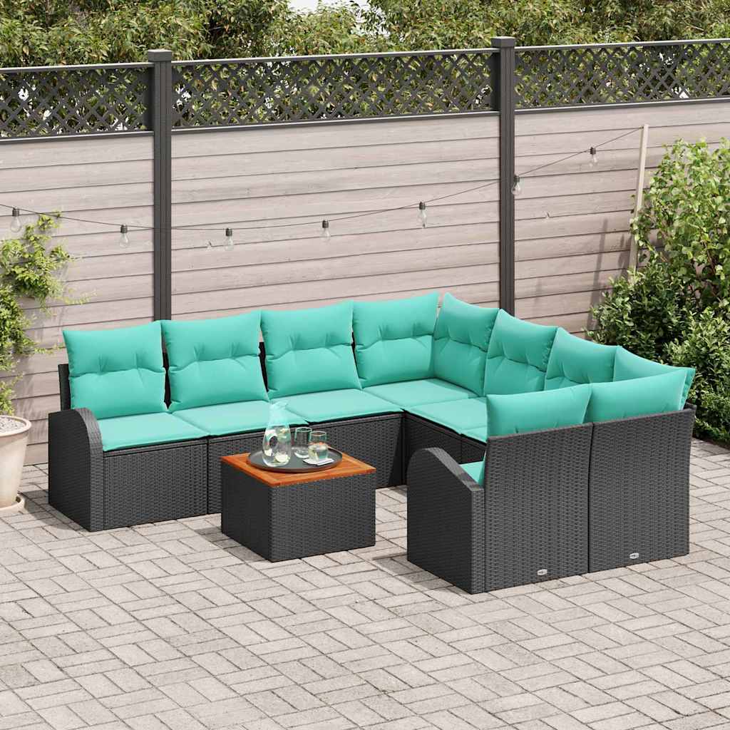 vidaXL Tuinbankenset met opslag 9 pcs Zwart en Turquoise poly rattan