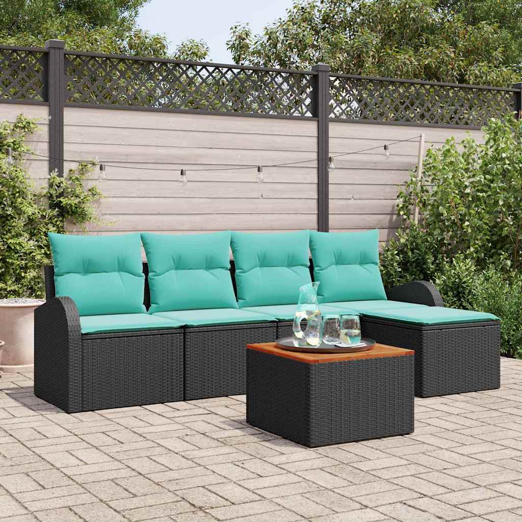 vidaXL Tuinbankenset met opslag 6 pcs Zwart en Turquoise poly rattan