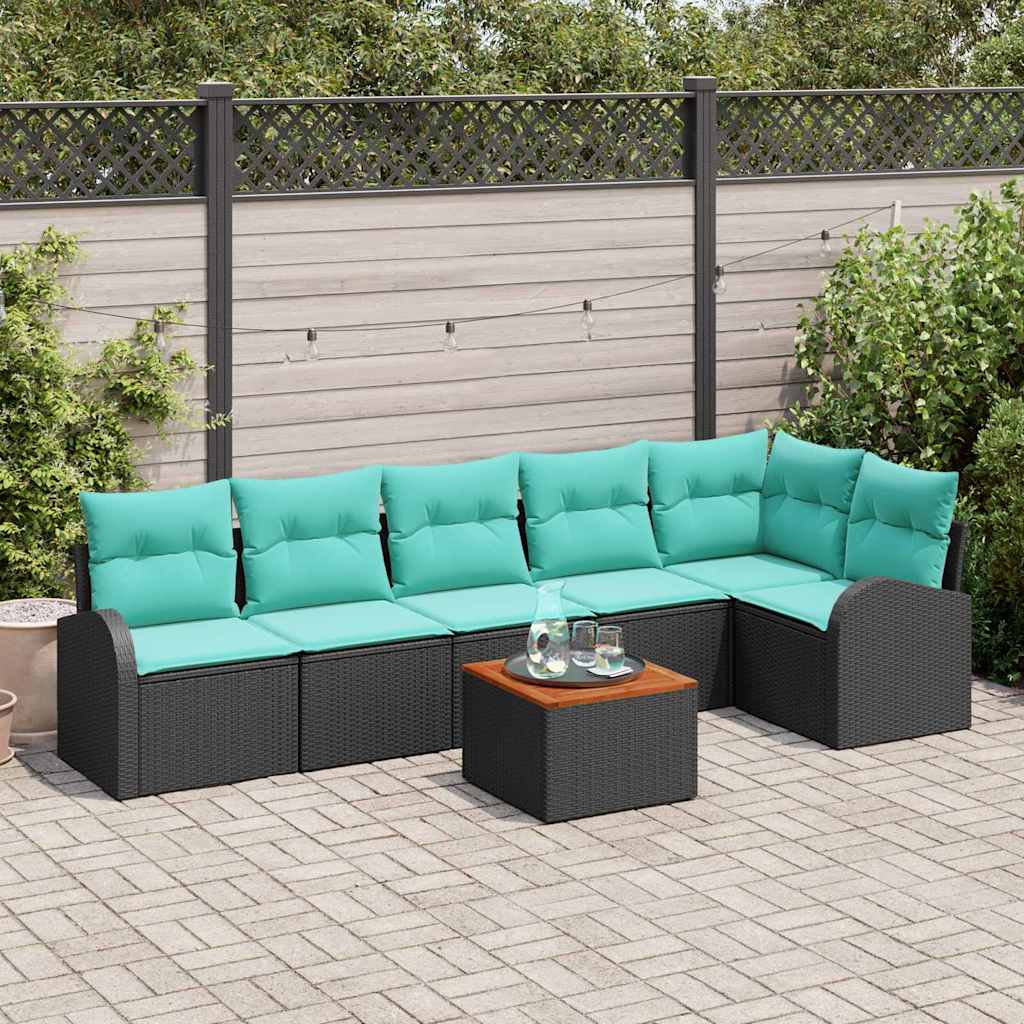vidaXL Tuinbankenset met opslag 7 pcs Zwart en Turquoise poly rattan
