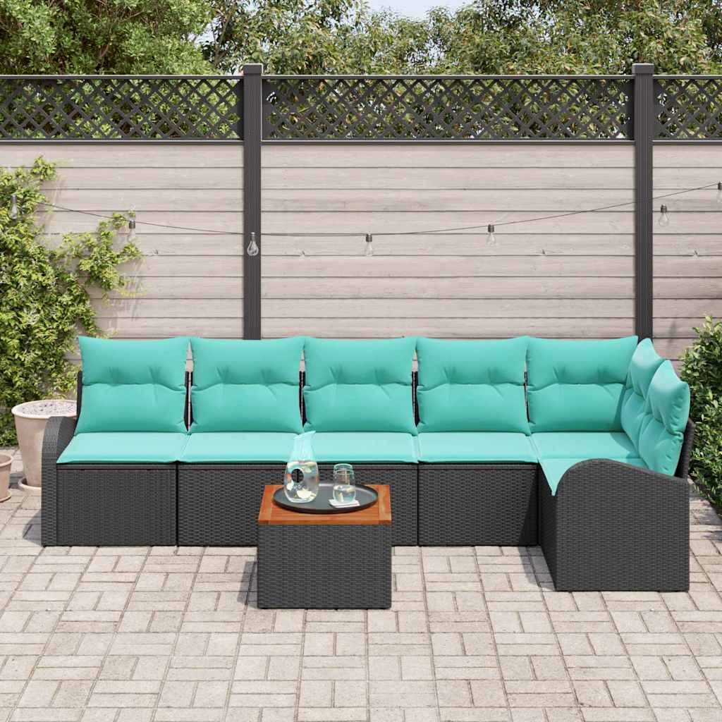 vidaXL Tuinbankenset met opslag 7 pcs Zwart en Turquoise poly rattan