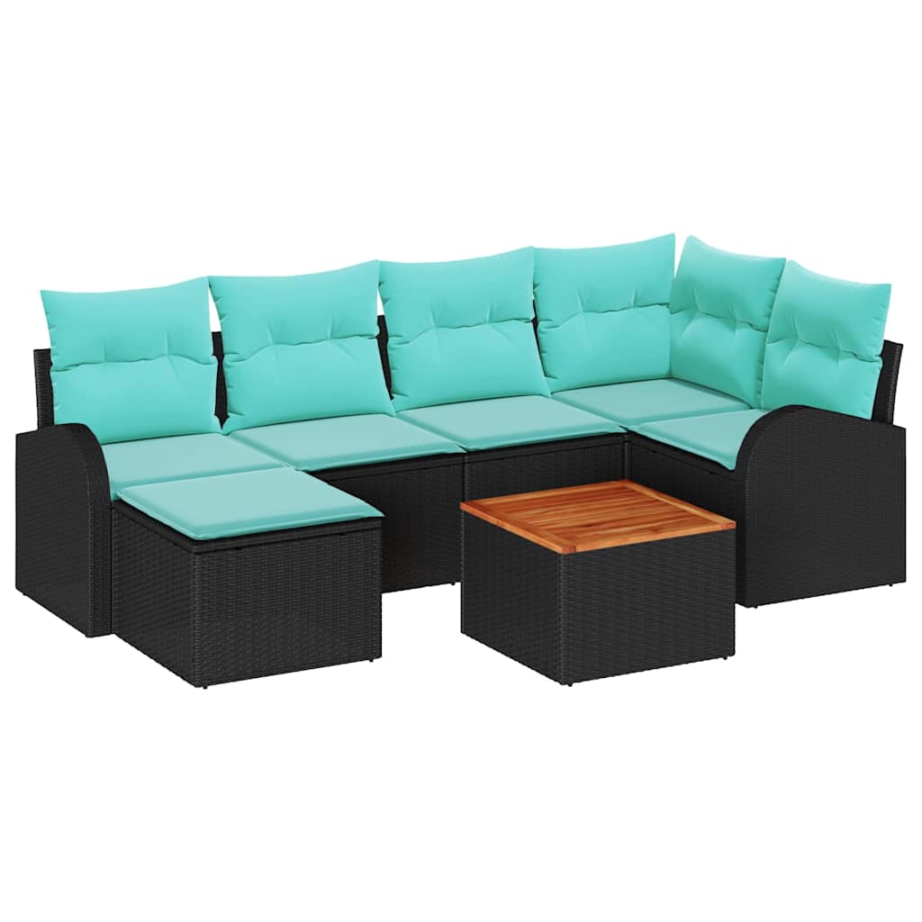 vidaXL Tuinbankenset met opslag 7 pcs Zwart en Turquoise poly rattan