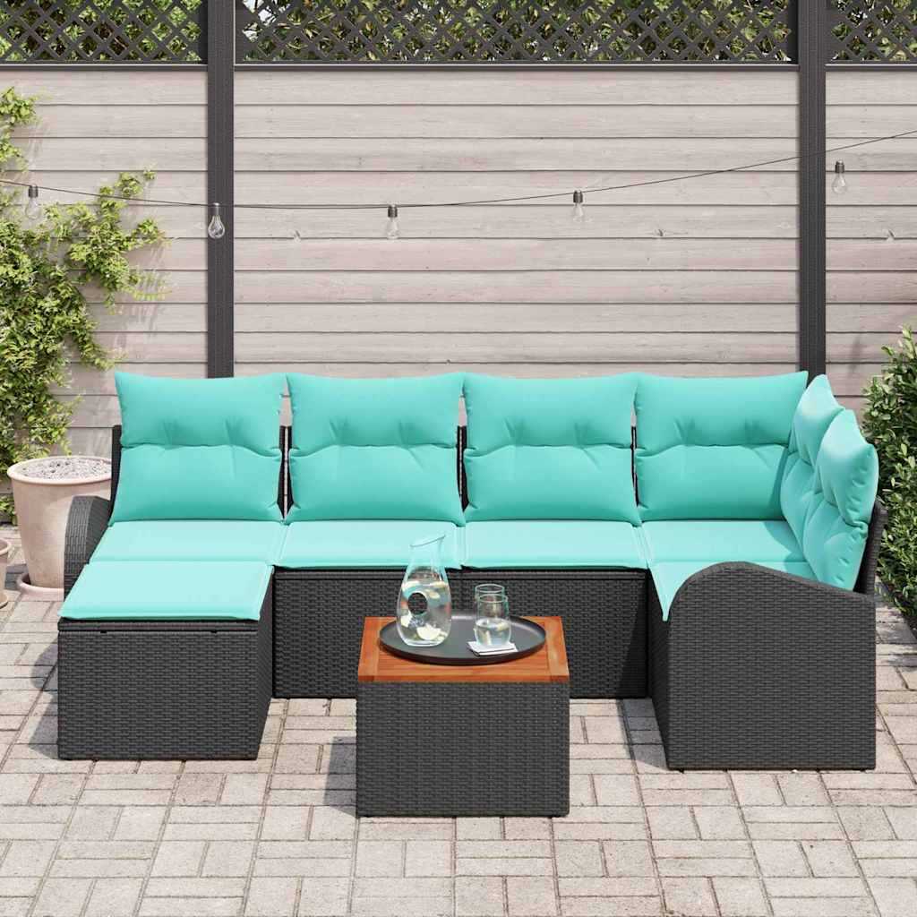 vidaXL Tuinbankenset met opslag 7 pcs Zwart en Turquoise poly rattan