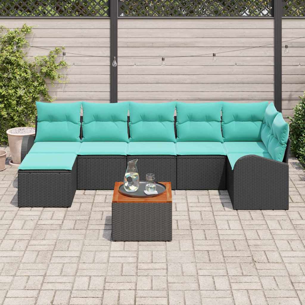 vidaXL Tuinbankenset met opslag 8 pcs Zwart en Turquoise poly rattan