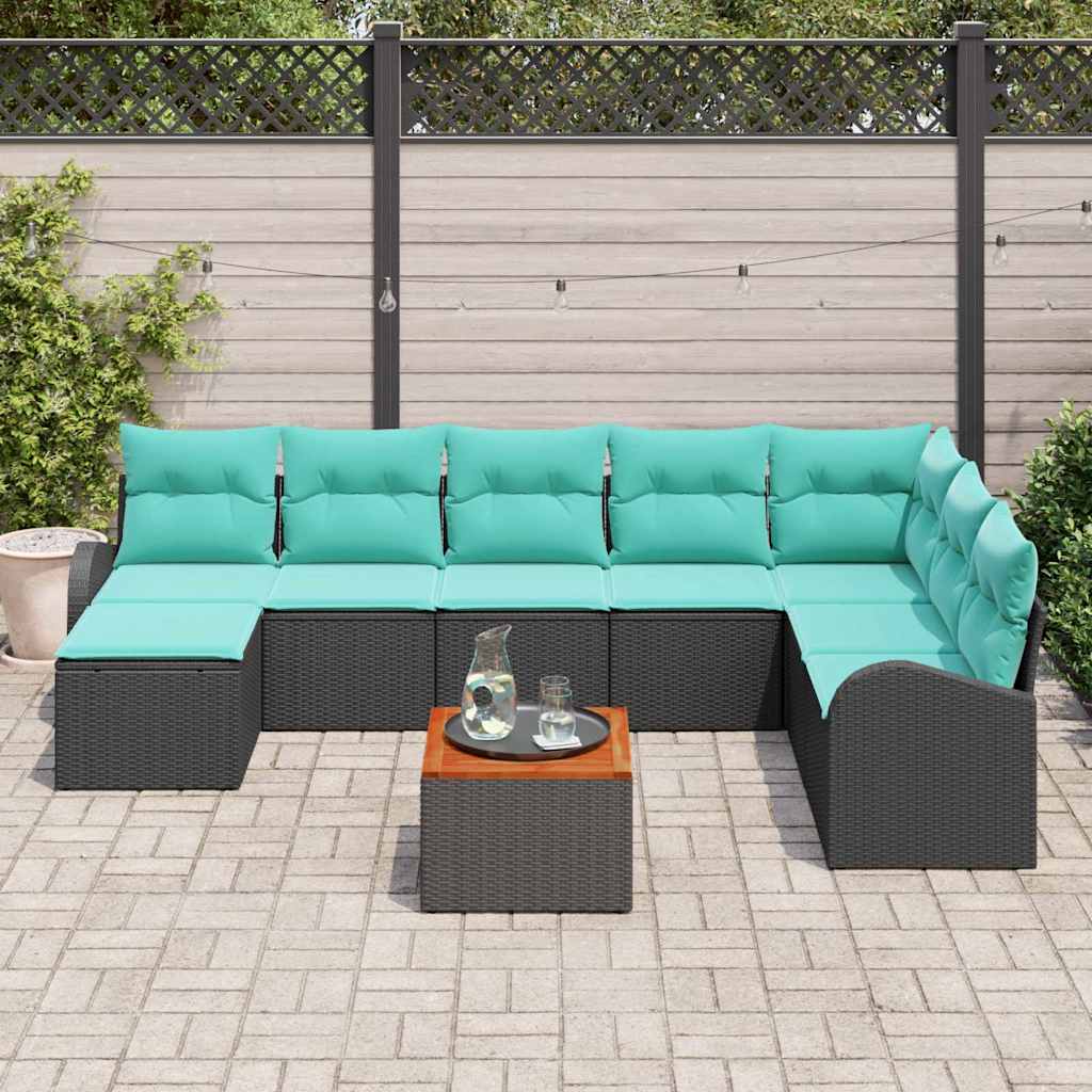 vidaXL Tuinbankenset met opslag 9 pcs Zwart en Turquoise poly rattan