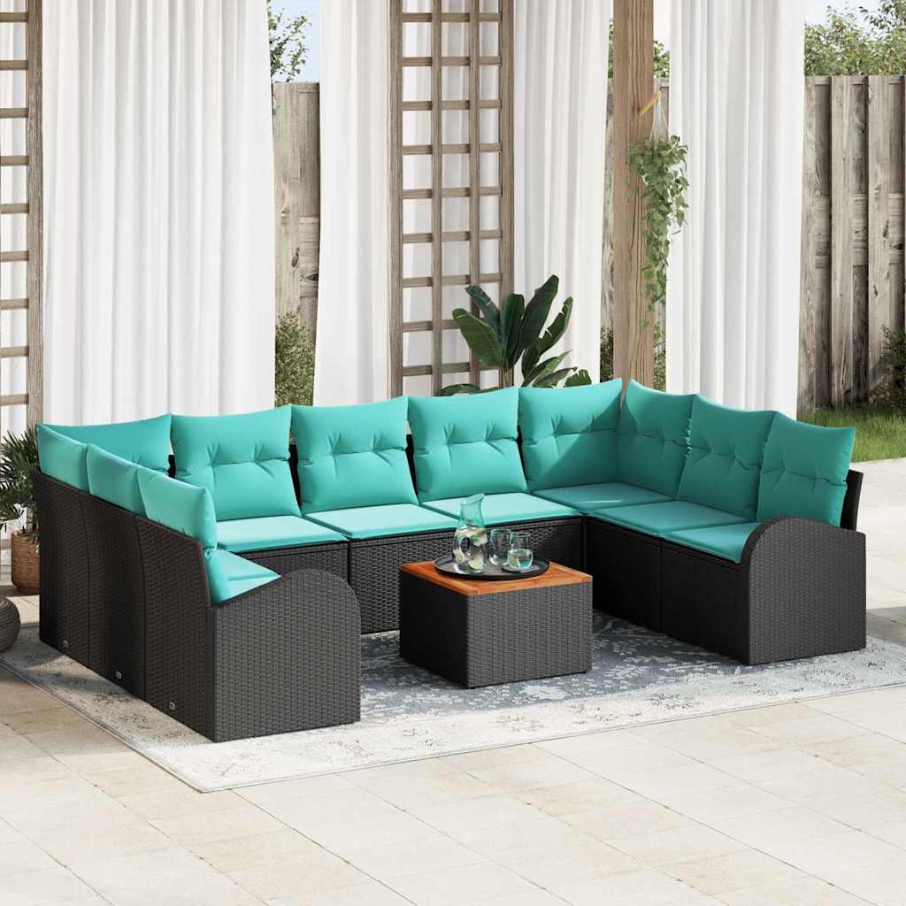 vidaXL Tuinbankenset met opslag 10 pcs Zwart en Turquoise poly rattan