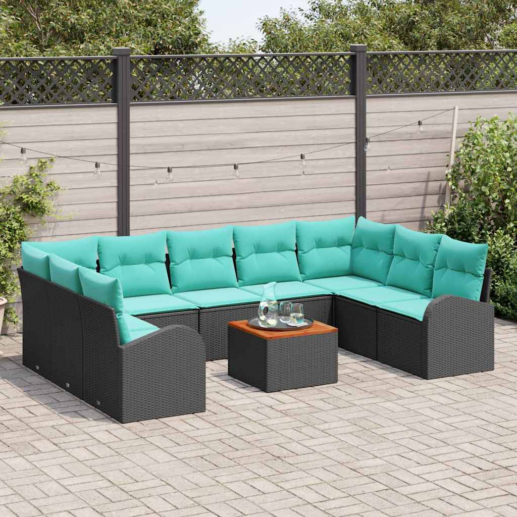 vidaXL Tuinbankenset met opslag 10 pcs Zwart en Turquoise poly rattan