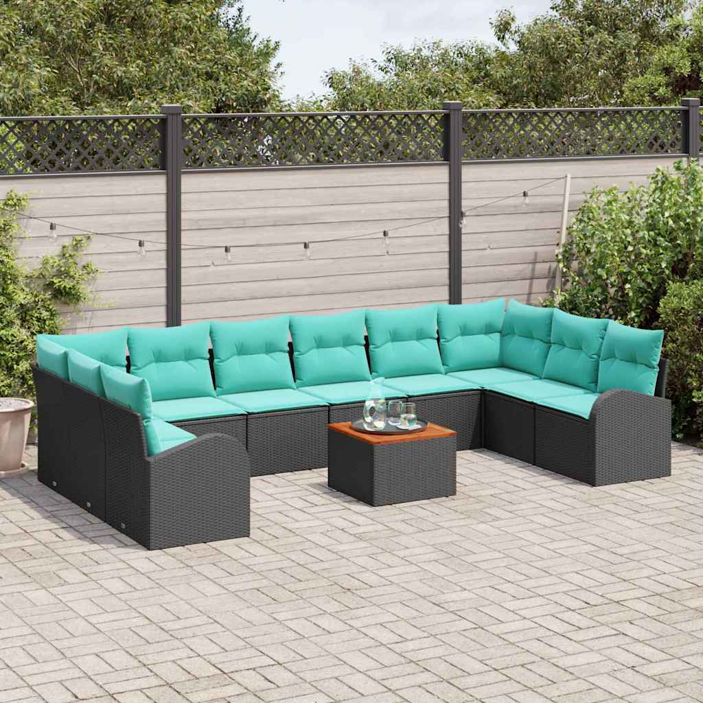 vidaXL Tuinbankenset met opslag 11 pcs Zwart en Turquoise poly rattan