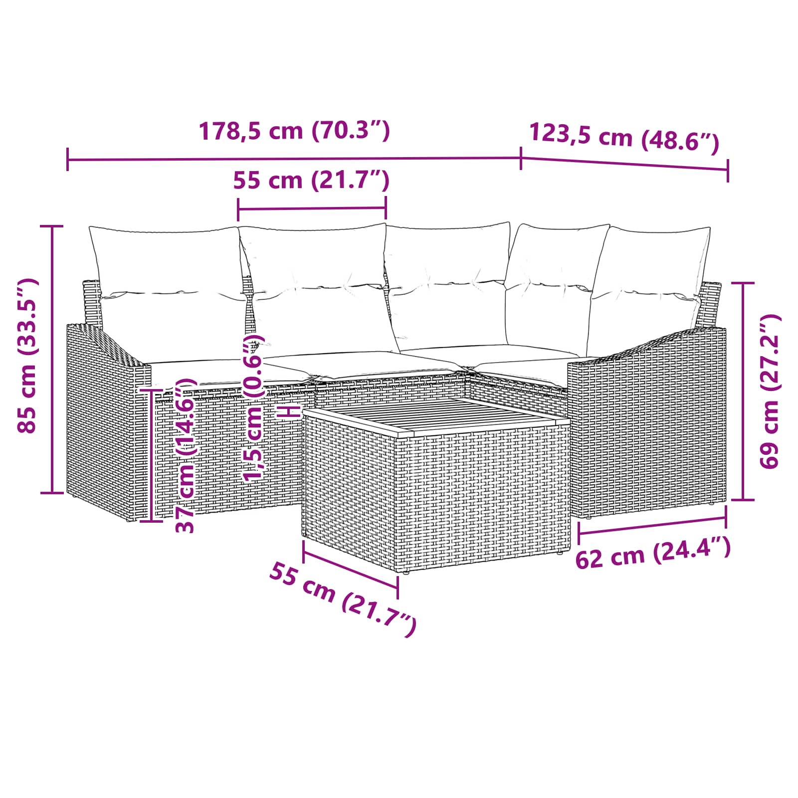vidaXL Tuinbankenset met opslag 5 pcs Grijs en Marineblauw poly rattan