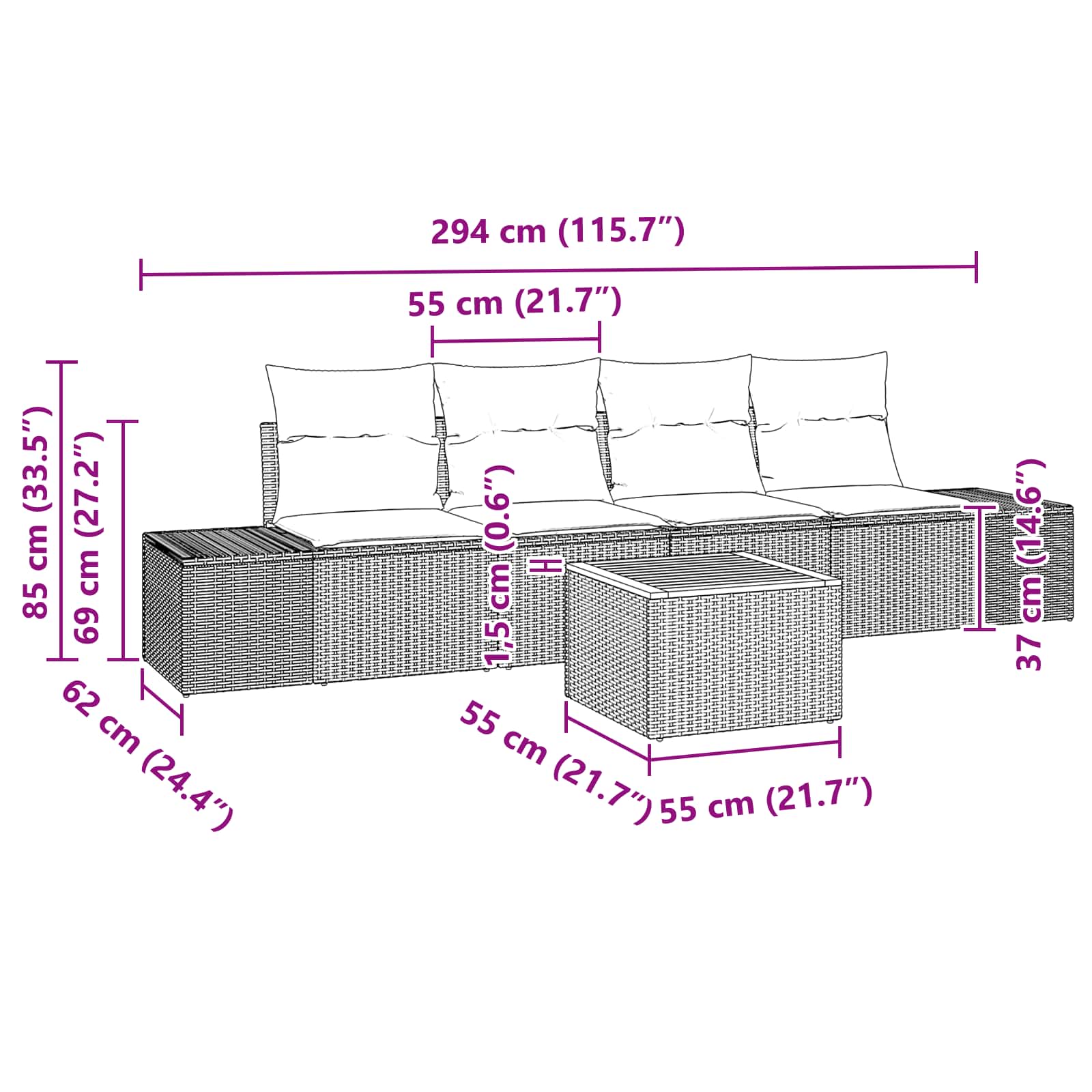 vidaXL Tuinbankenset 5 st Zwart en Turquoise poly rattan