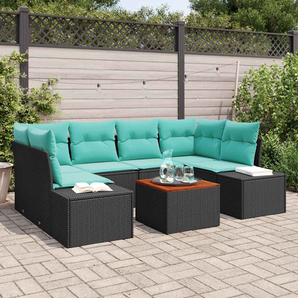 vidaXL Tuinbankenset 7 st Zwart en Turquoise poly rattan
