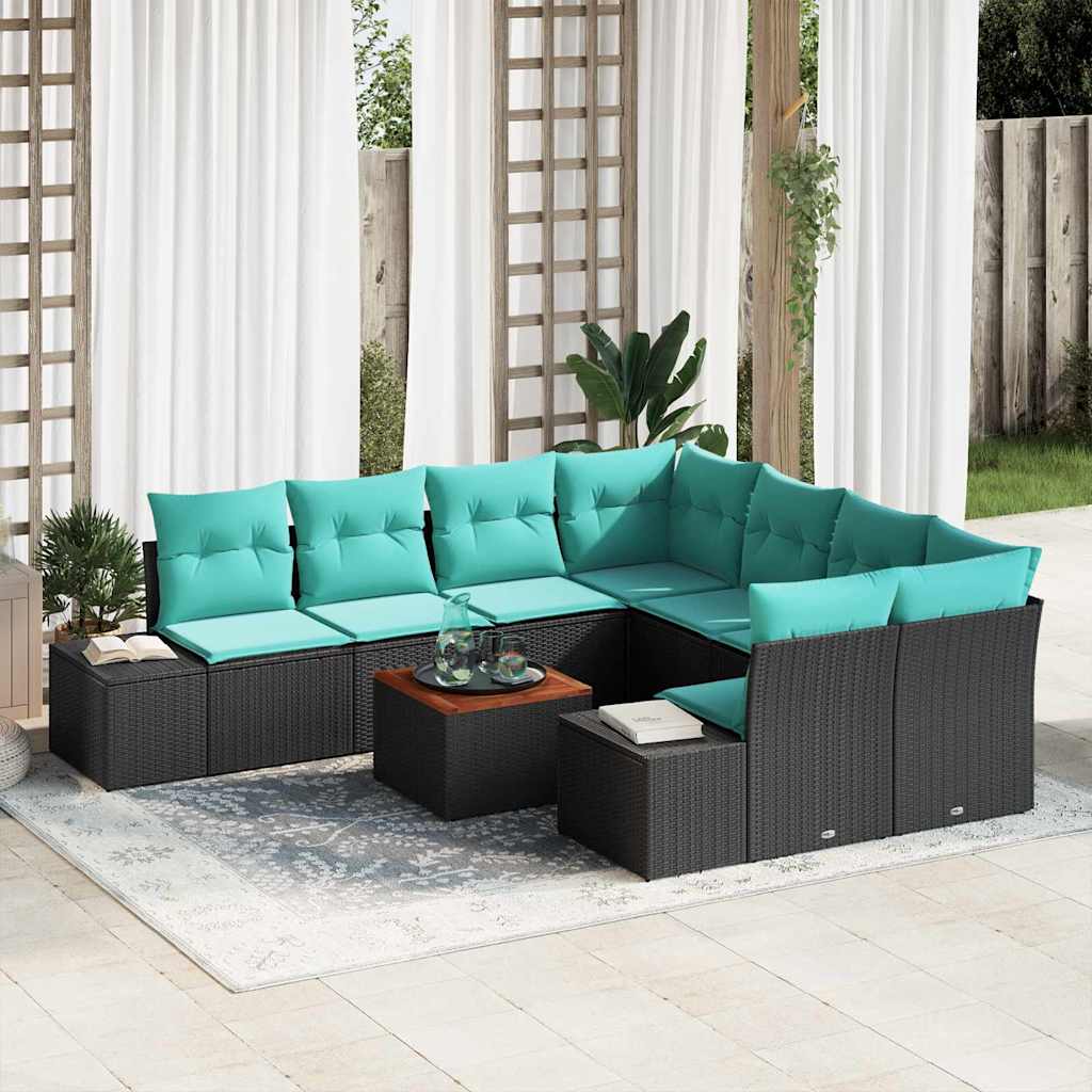 vidaXL Tuinbankenset 9 st Zwart en Turquoise poly rattan